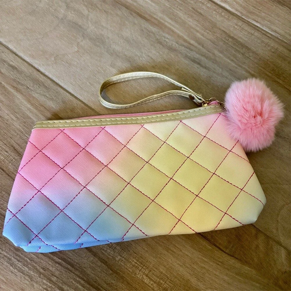 Pastel Ombre Quilted Makeup Bag Wristlet Pouch Zip w/ Pink Pom Pom Charm